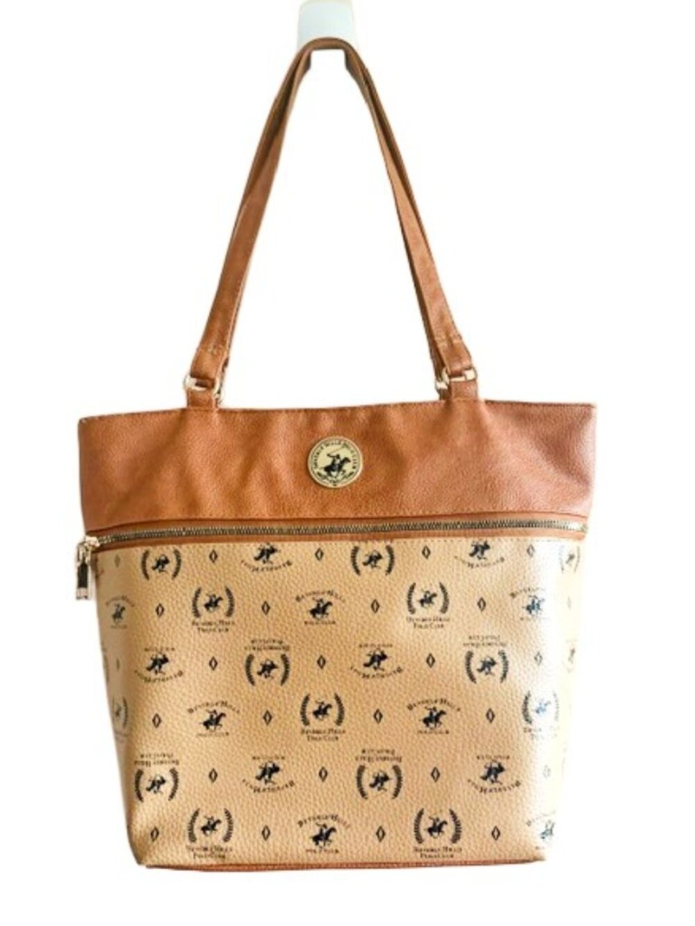 Beverly Hills Polo Club Brown Tan Logo Print Faux Leather Shoulder Tote Bag